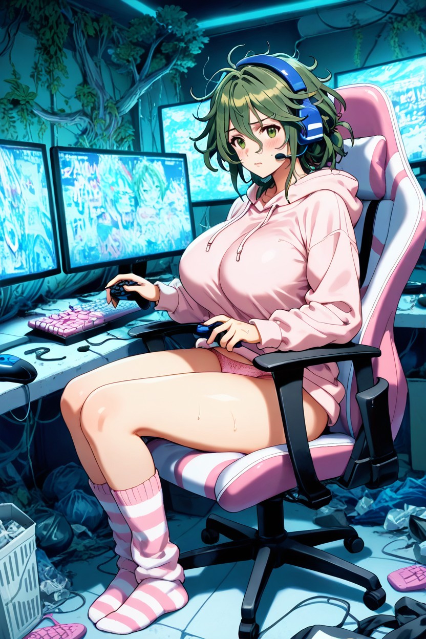 Voluptuous Body, Pink Panties, Woman Focused On Gaming Hentai AI Porn