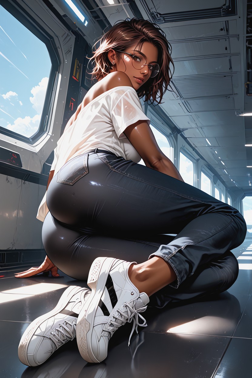 Coloured, Sits On Knees, Background Interior Spaceship Hentai AI Porn