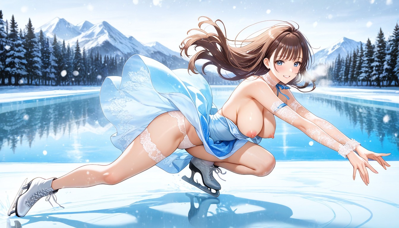 Waist Shot, Mountain Range In Background, Wind Blowing Hair Hentai AI Porn