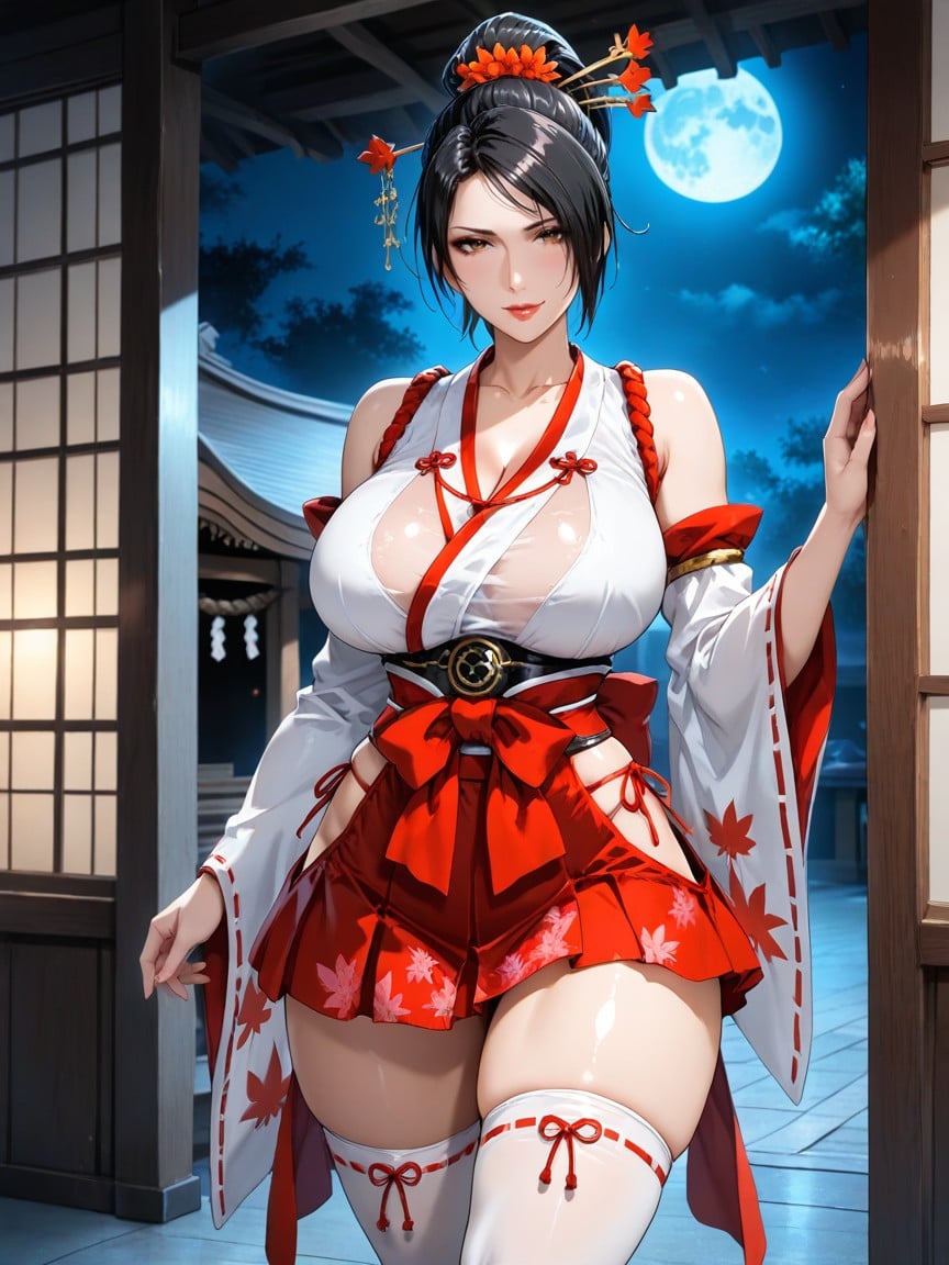 Floral Hairpin, Sexy Posing, Knee Length Red Miko Skirt Hentai AI Porn