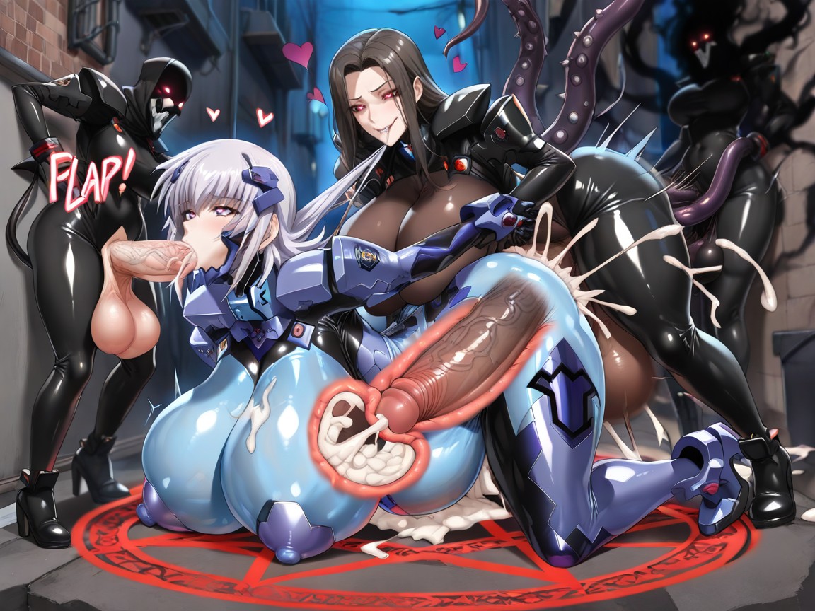 Surrounded By Villain Futanari Cocks, Excessive Cum Puddle, Creepy Black Aura Fog Hentai AI Porn