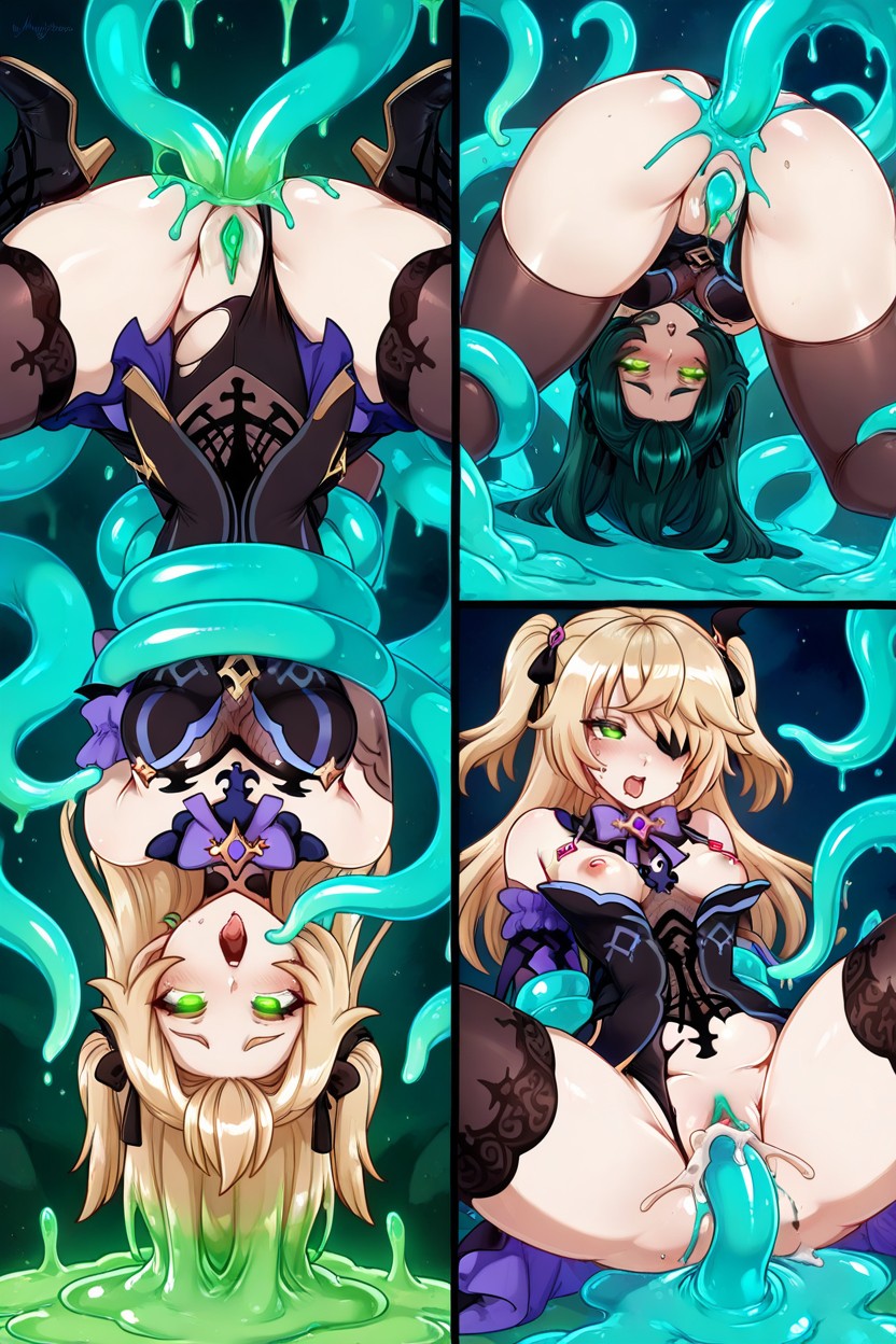 Arms By Tentacles, Tentacles Around, Huge Green Slime Hentai AI Porn