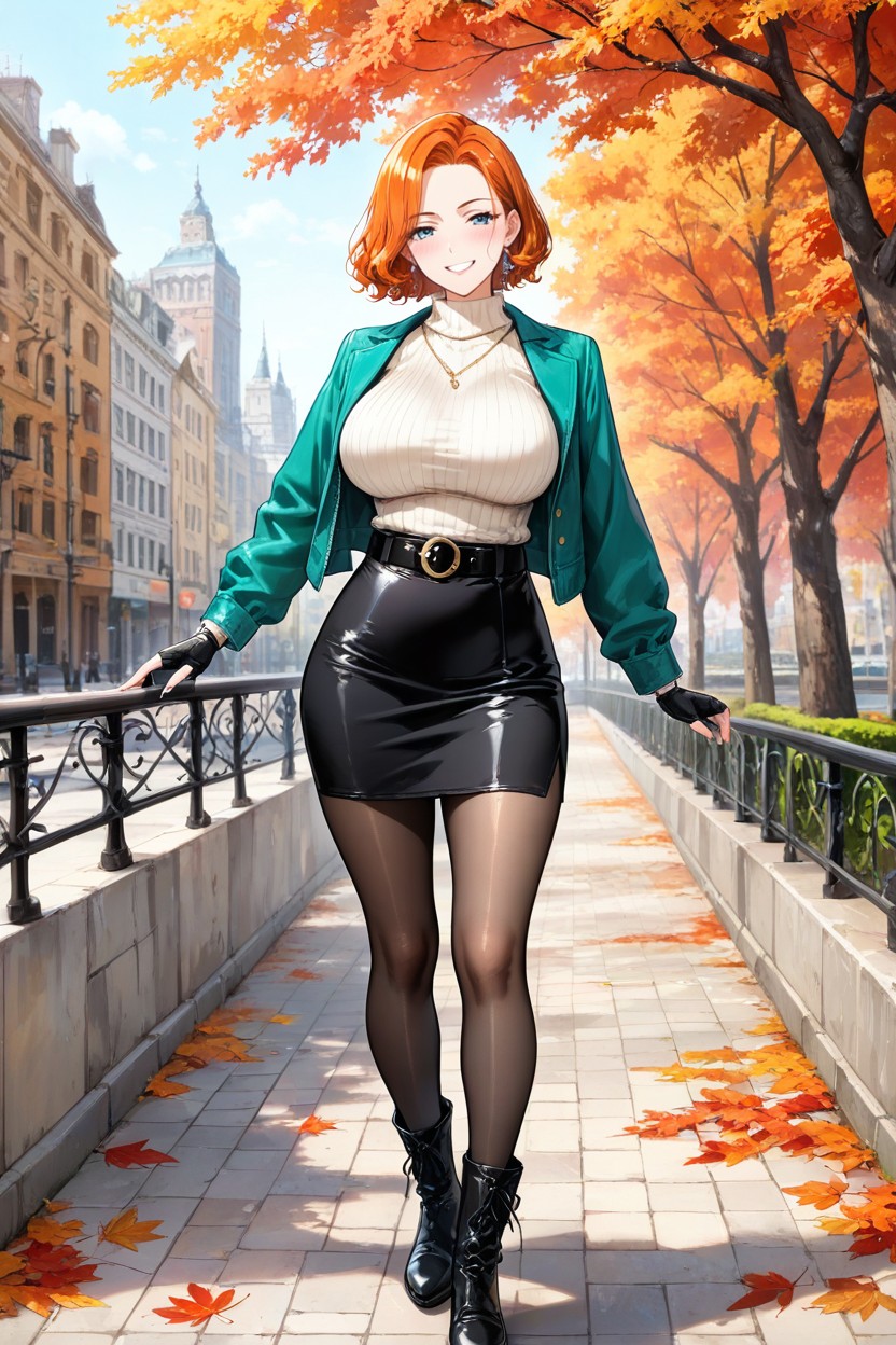 Grinning, Bangs, Dark Orange Hair Hentai AI Porn