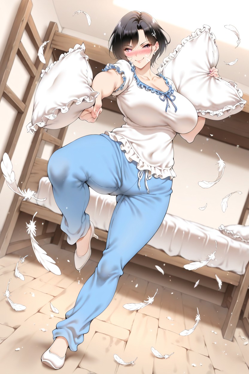 Pillow Fight, Feathers Fly, Massive Breast Hentai AI Porn