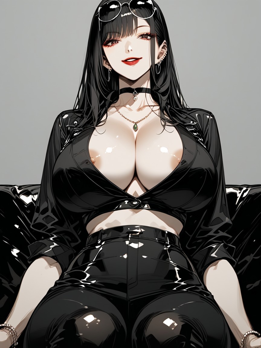 Happy, Neck And Collarbone-baring Fashion, Woman With Black Eyes Hentai AI Porn
