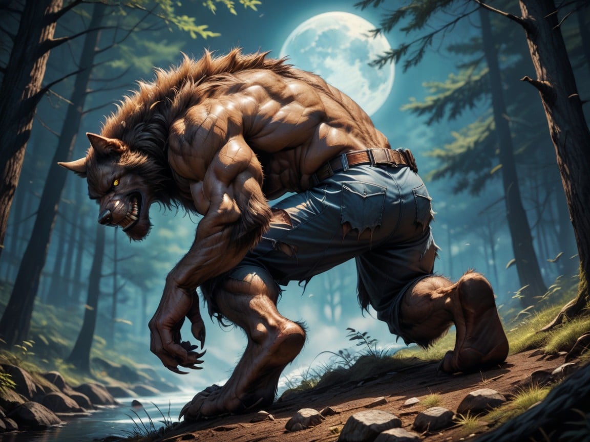 Werewolf Oversized Large Fur Covered Torso, Muscular Werewolf Body, Werewolf Has Hairy Muscular Legs With Large Paw-like Feet AI Gay Porn