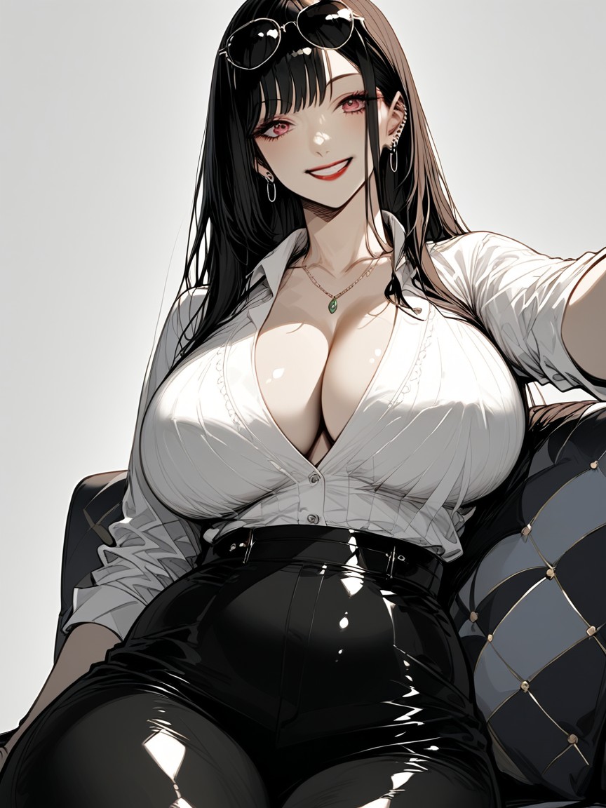 Woman Wearing Black Long Leather Pants, Womans Breast Are Too Larger And Thicker And Heavy, Selfie Hentai AI Porn