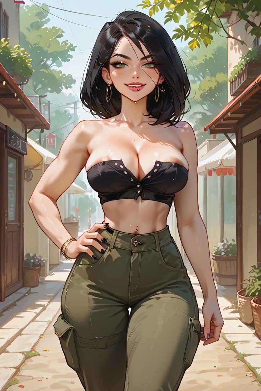One Hand Cleavage, Wide Cargo Pants, Hard Nipples Hentai AI Porn