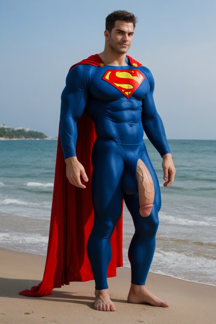 Fully Clothed Muscular Man With Huge Crotch Hyper Cock Bulge Hanging To His Ankles, Tasteful Photo, Musclé Porno IA Gay