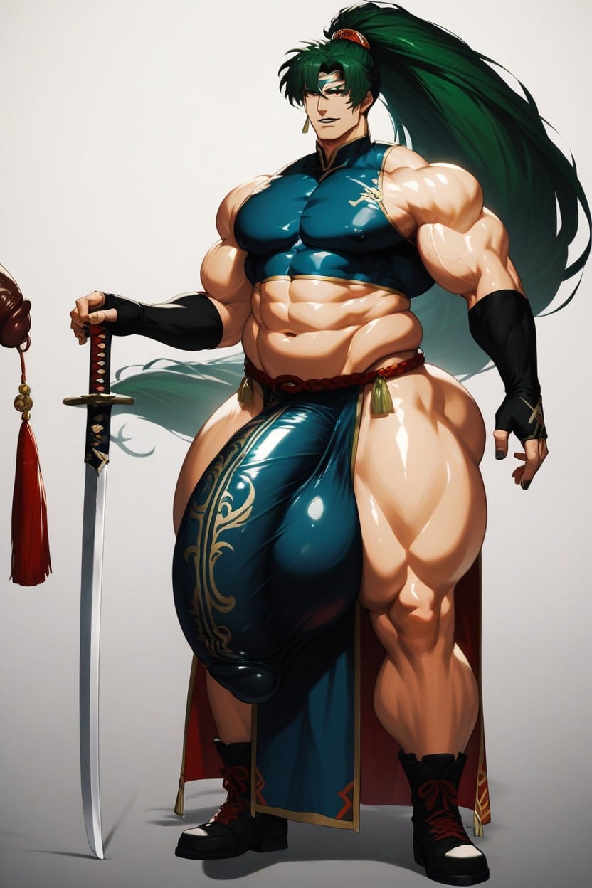 Dark Green Hair, Holding Katana, Masculine Chest AI Gay Porn