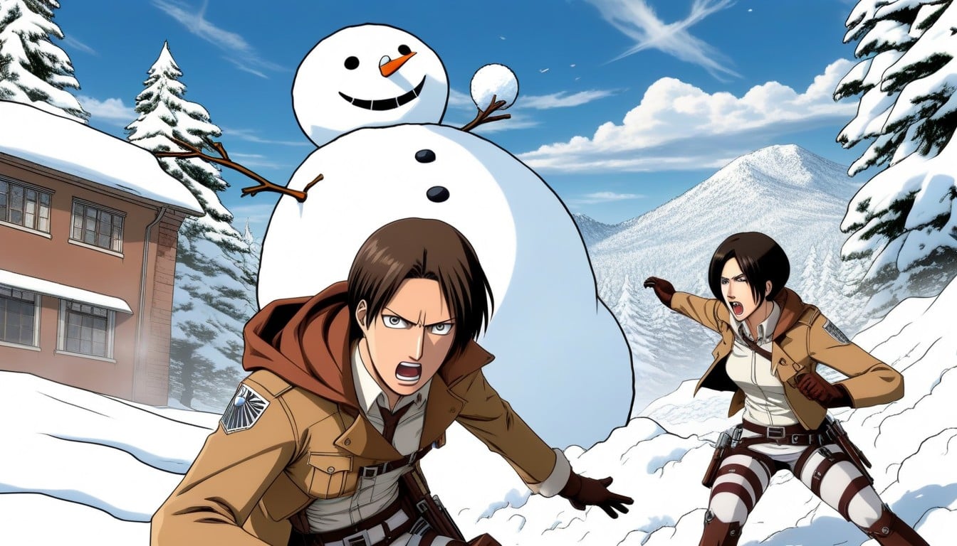 Snowball Battle, Dynamic Scene, Comic About Titans And Humans Having A Snowball Fight Like In Attack On Titan Anime AI Porn