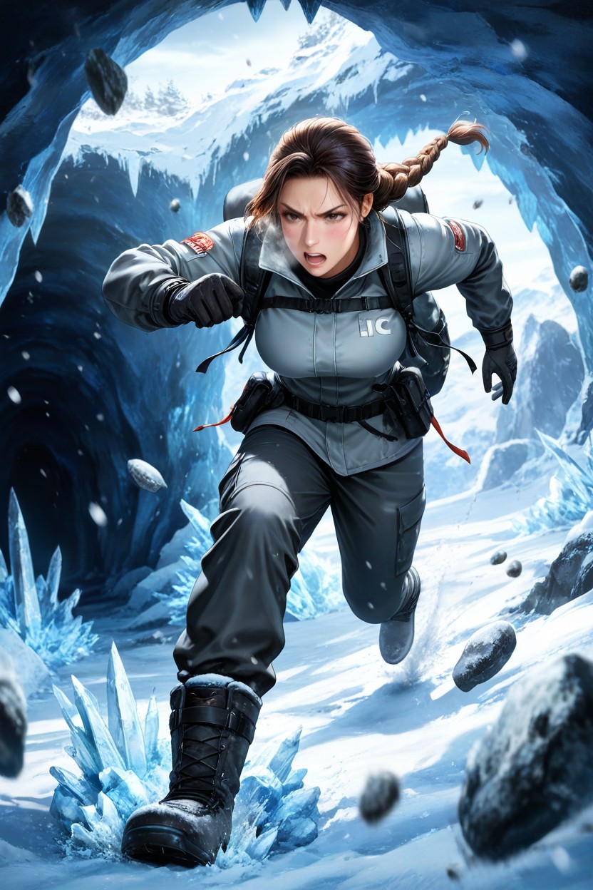 Ice And Snow, Grey Clothes, Running Into A Dark Jagged Cave On A Cliffside Hentai AI Porn