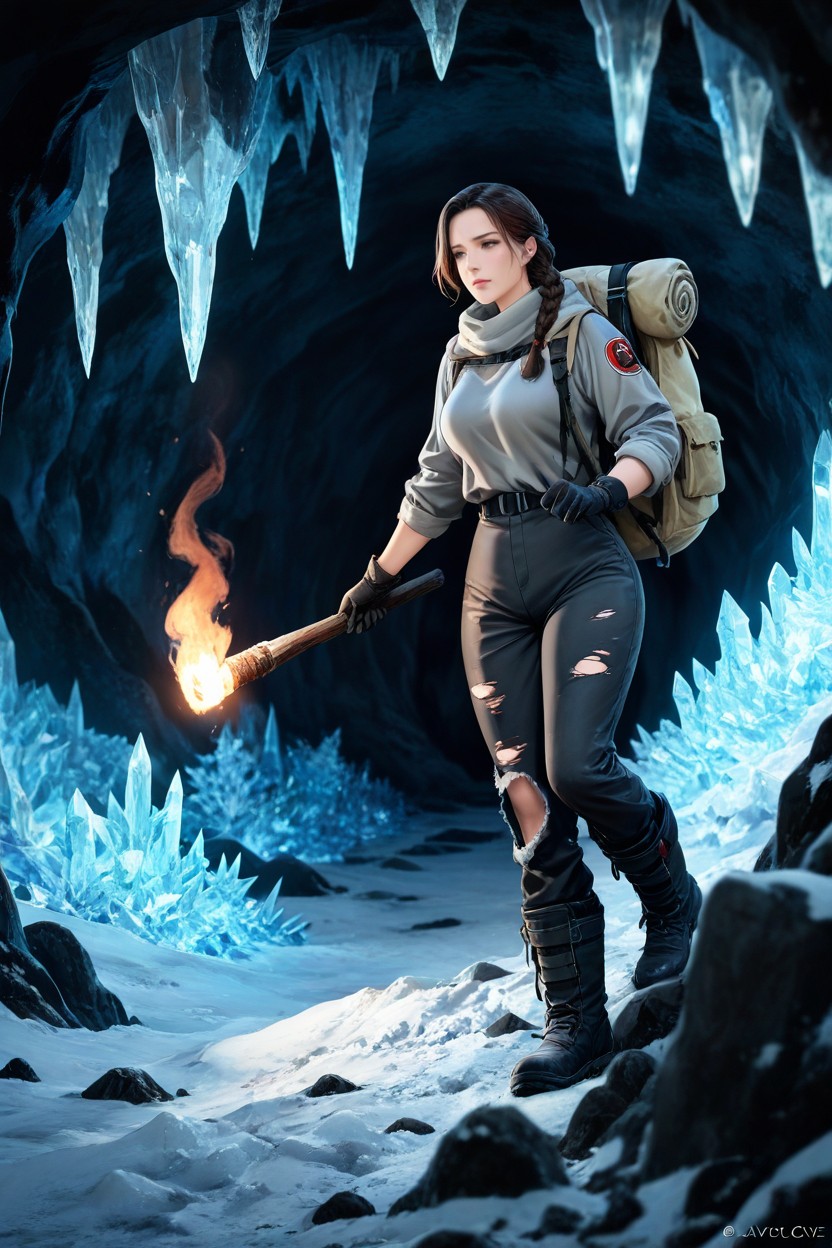 Gloves, Holding A Torch In Her Hand, Huge Cave Hentai AI Porn