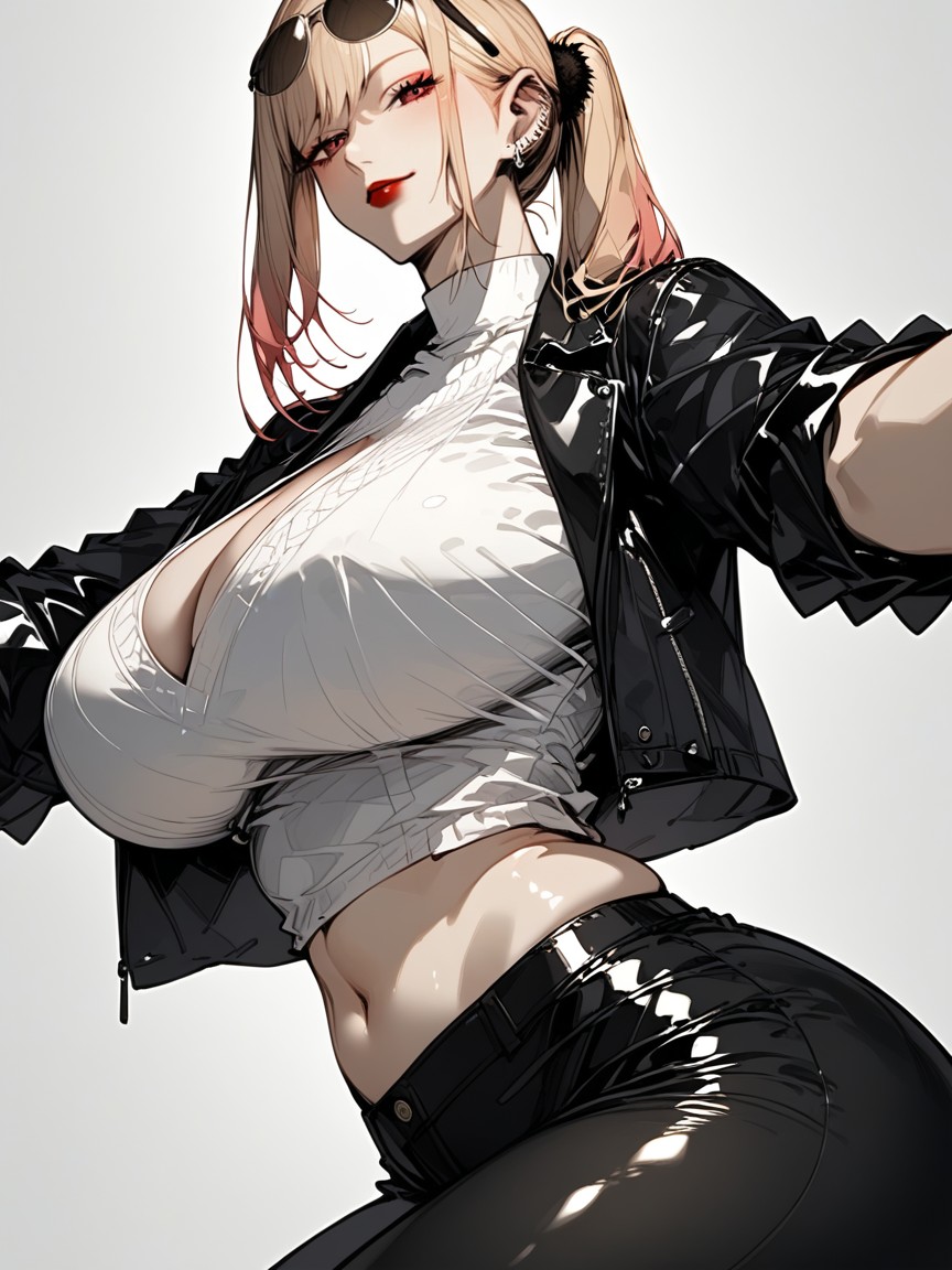 Front Open Cropped Black Leather Jacket Is Worn Over The Inner, Extremely Large Ass, Woman With Red Right Lipstick Hentai AI Porn