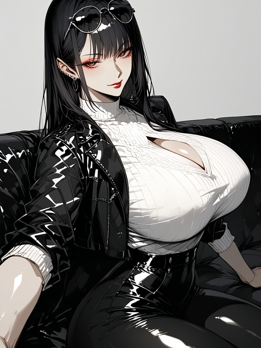 Woman With Paler Red-lipstick, Sexually Alluring Cleavage, Neck And Collarbone-baring Fashion Hentai AI Porn