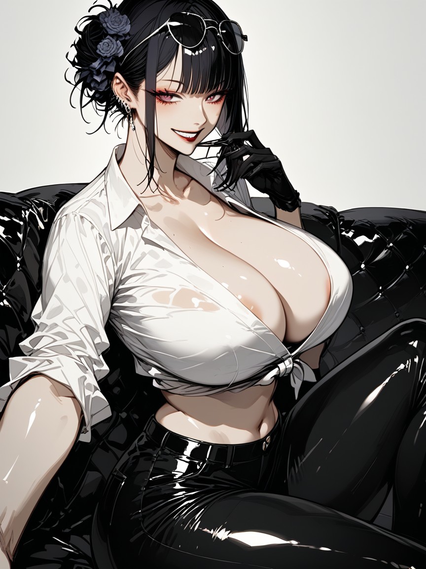 Grinning, Oiled Skin, Woman With Round Dark Sunglasses On Her Head Fashion Hentai AI Porn