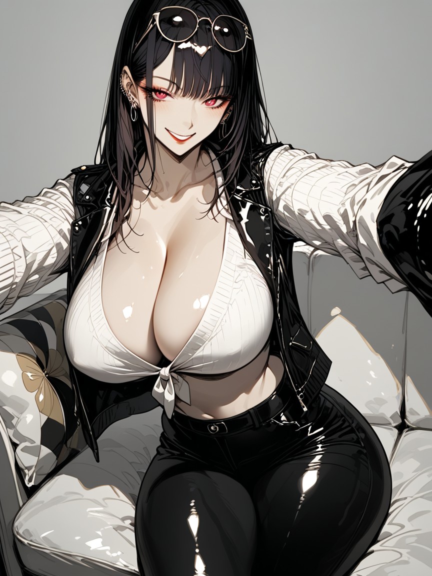 Woman With Straight Black Hair, Inner Is Button-front Cropped White Sweater, Woman Wearing Black Long Leather Pants Hentai AI Porn