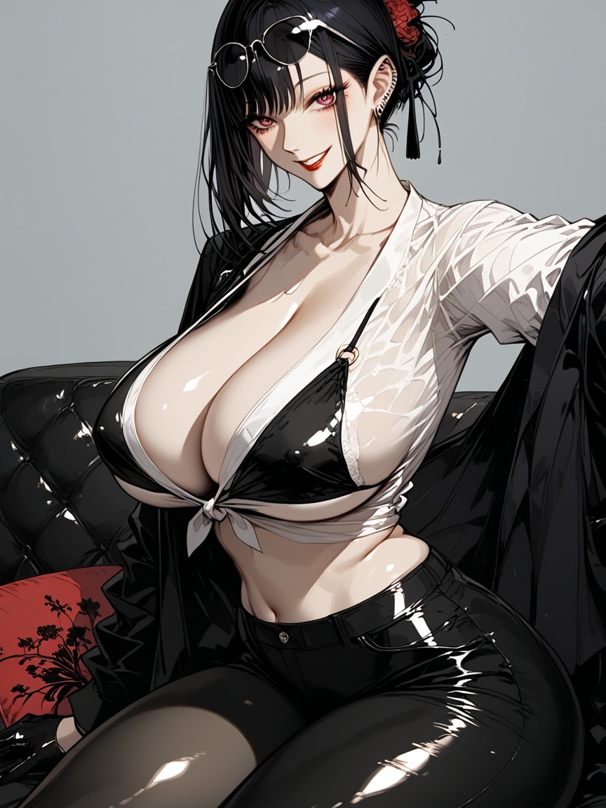 Woman Is Holding Her Sunglasses Up To Her Forehead With One Hand, Woman With Cool Expression, Woman Sitting Cross-legged Hentai AI Porn