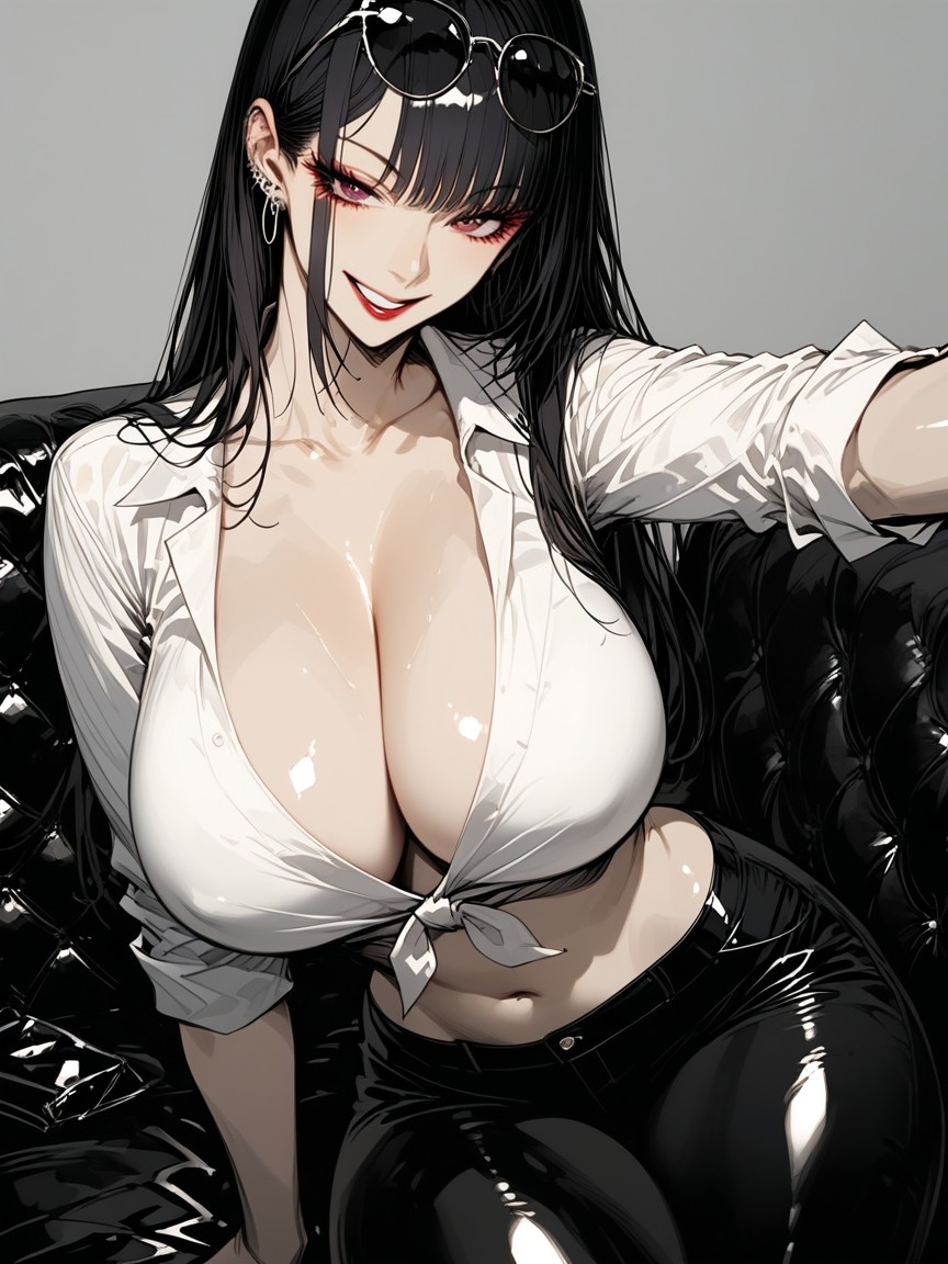Simple White Background, Woman Wearing Black Long Leather Pants, Inner Is Button-front Cropped White Sweater Hentai AI Porn