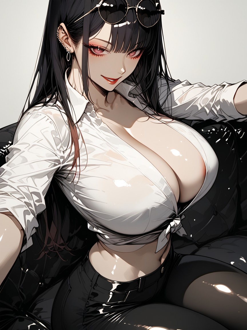 Woman With Cool Expression, 18+, Inner Is Button-front Cropped White Sweater Hentai AI Porn
