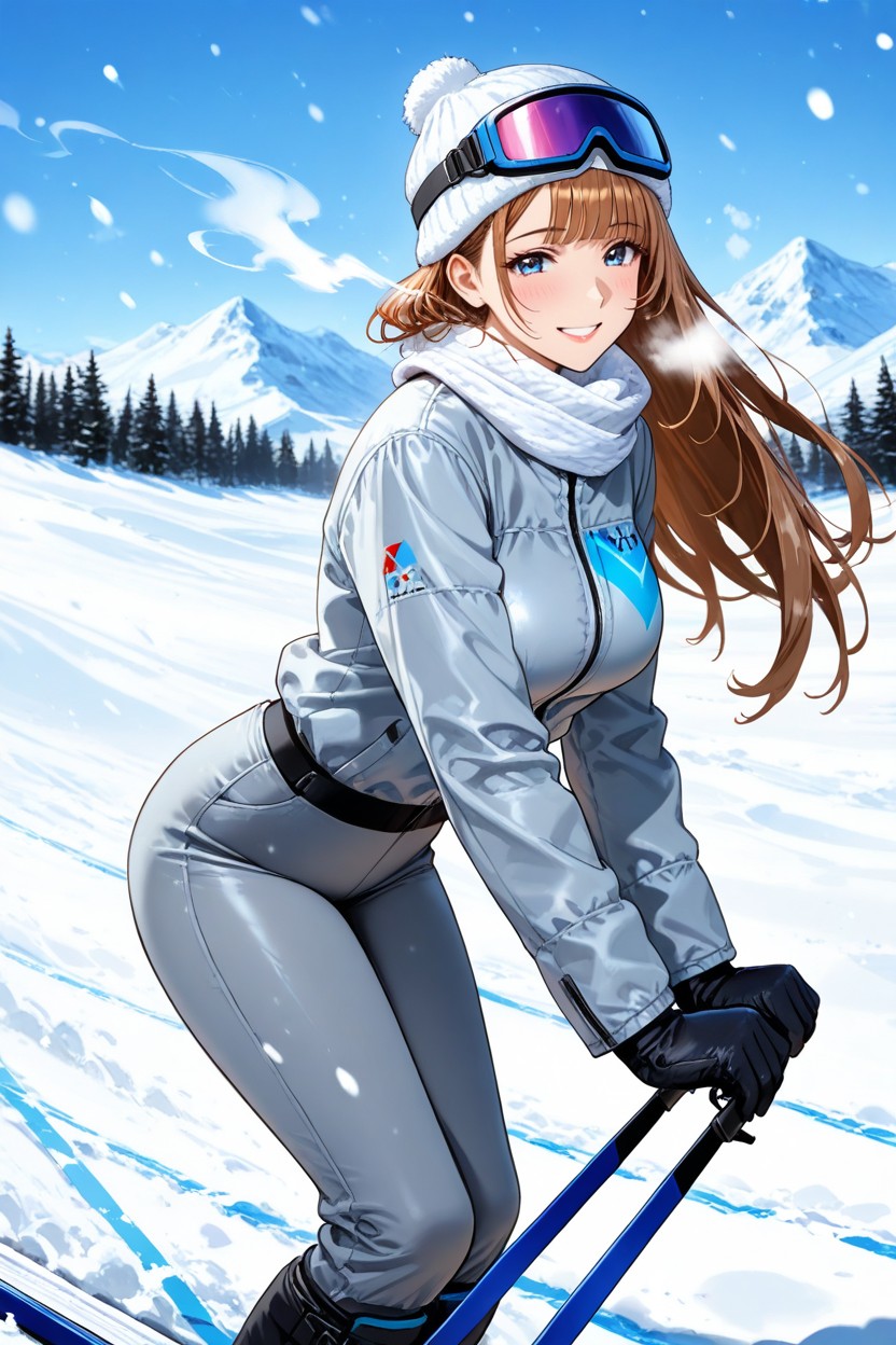 Waist Shot, Light Brown Ski Jacket, Wispy Hair Bangs Hentai AI Porn