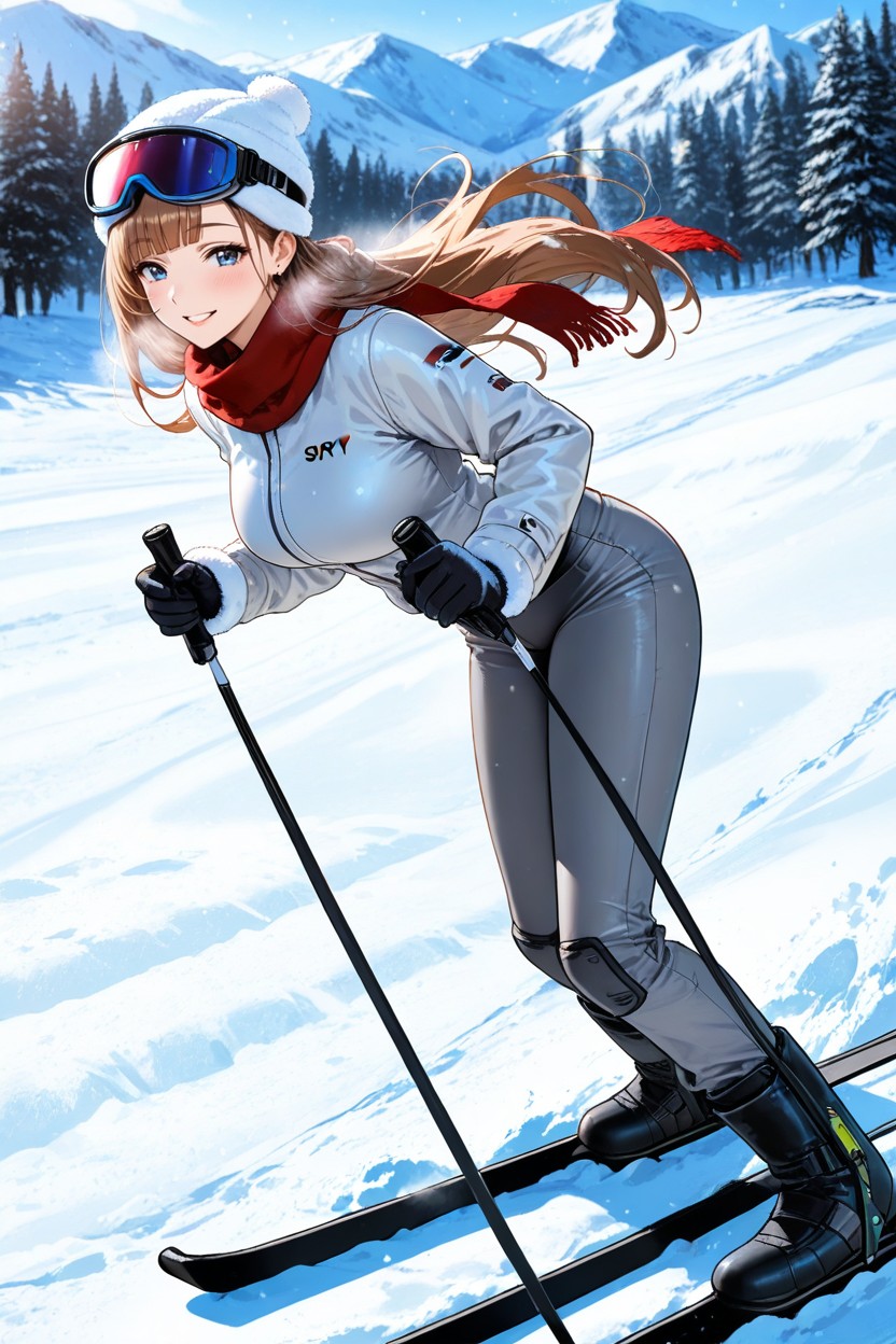 Leanning Forward, Soft Lighting, Grey Ski Pants Hentai AI Porn