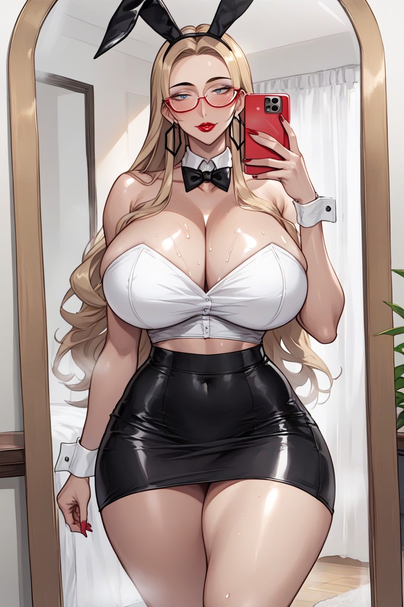 Oiled, Stomach, Red Big Bow Tie Hentai AI Porn