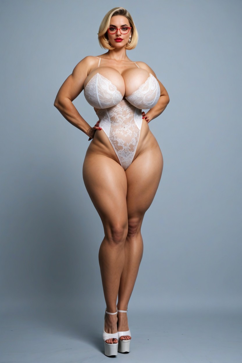 Huge Boobs, Red Glasses, Front View AI Porn