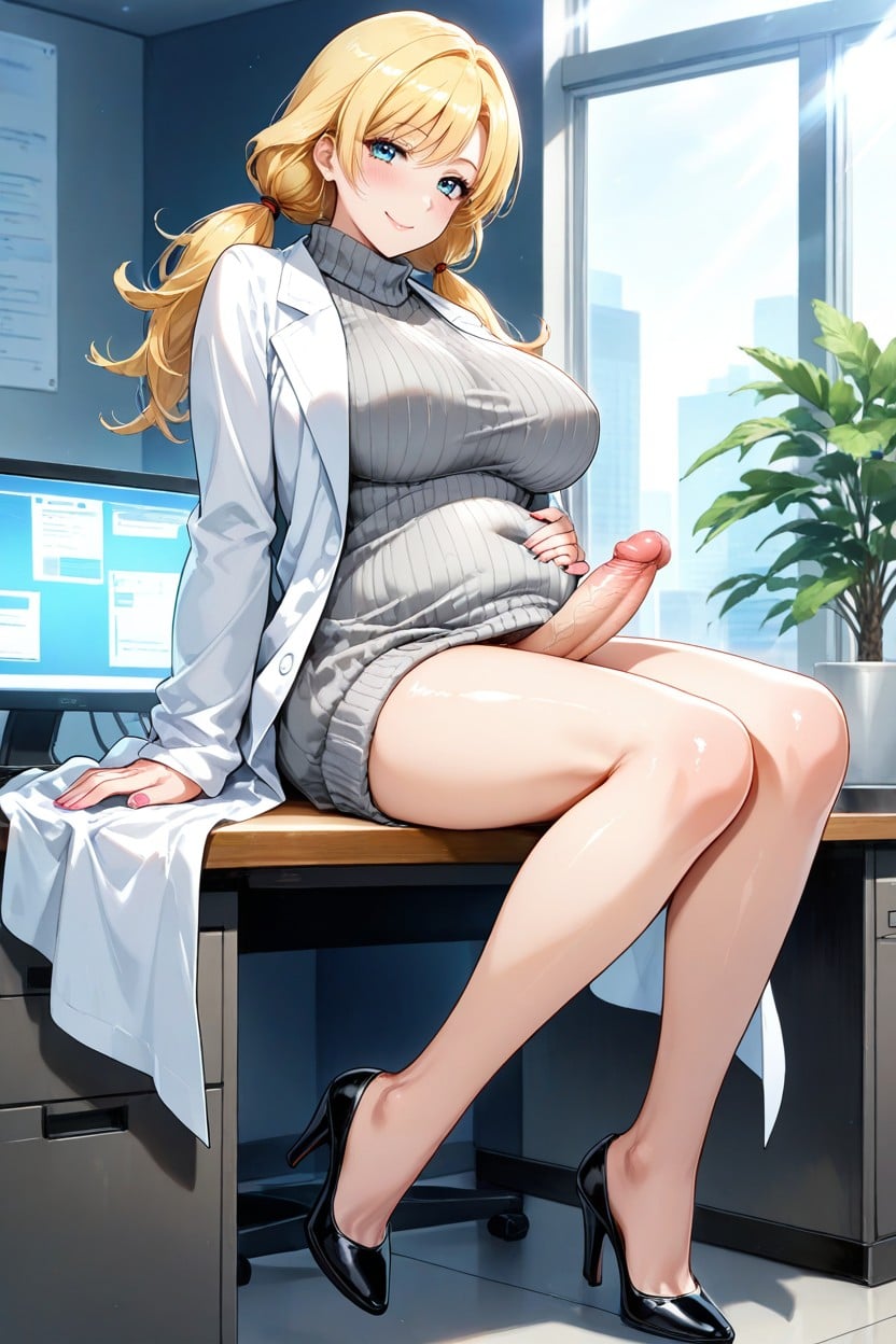 Long Hair, Penis Hidden From Sight, One Foot Over Office Desk Hentai AI Porn