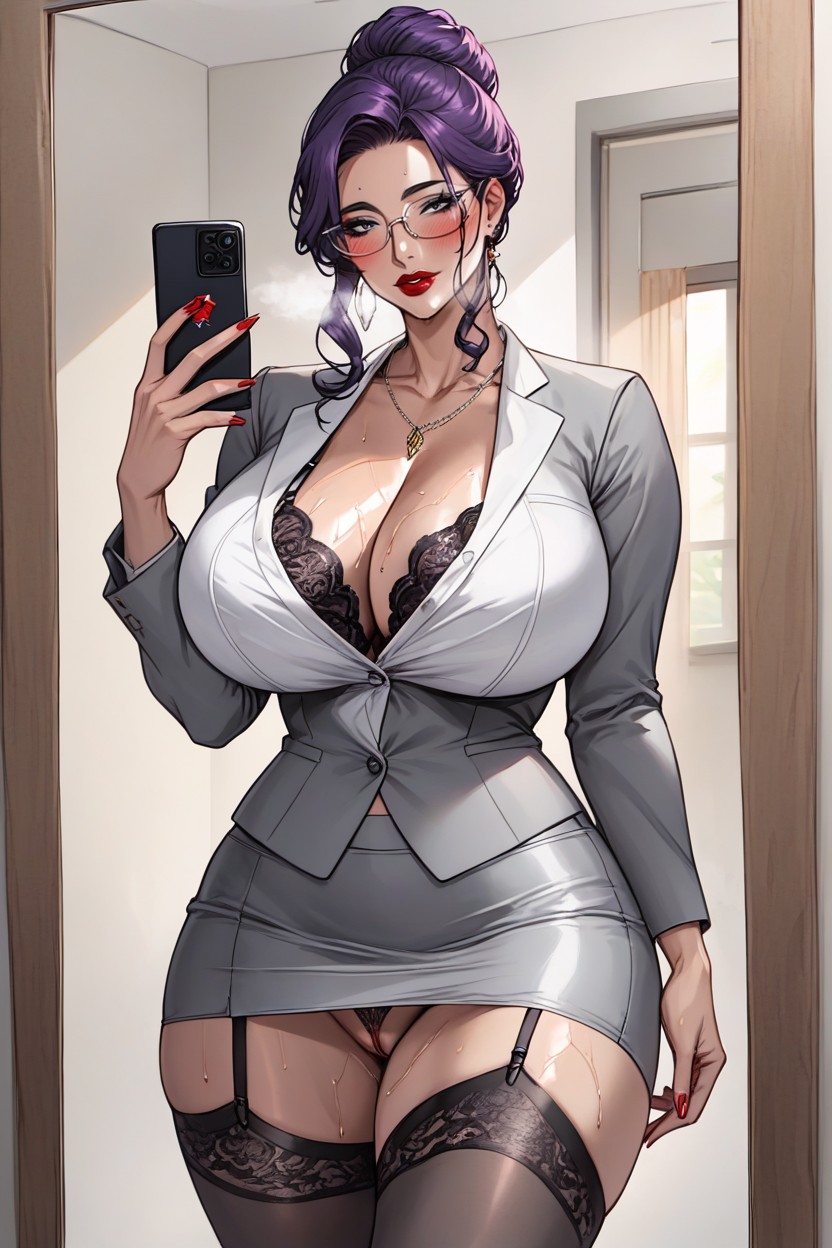 Korean Woman, Voluptuous, Curly Purple Hair Hentai AI Porn