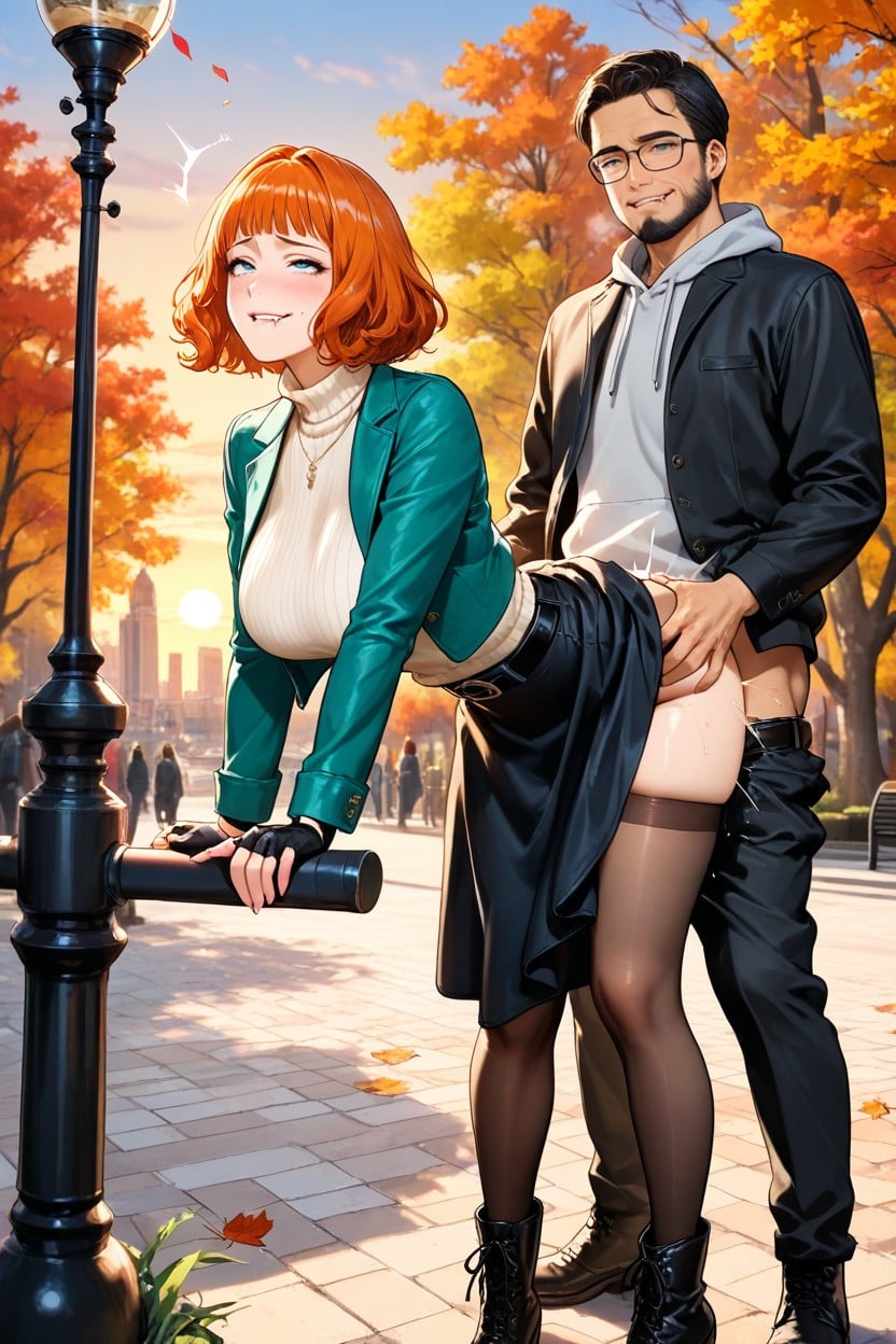 Teal Jacket, Black Jacket Over Dark Blue Hoodie, Autumn Leafs Hentai AI Porn