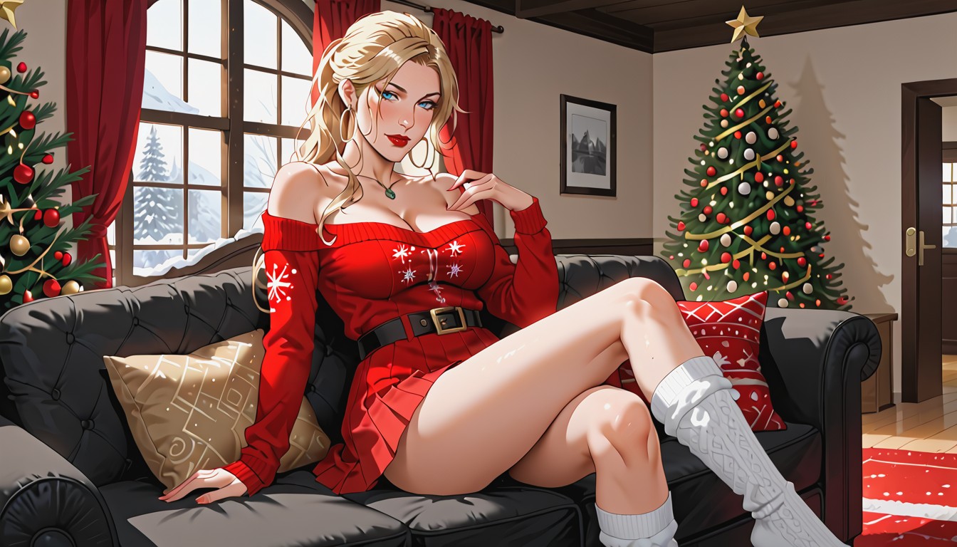 Red Lace Thong Pulled Aside, Break, Snow Outside The Windows AI Porn