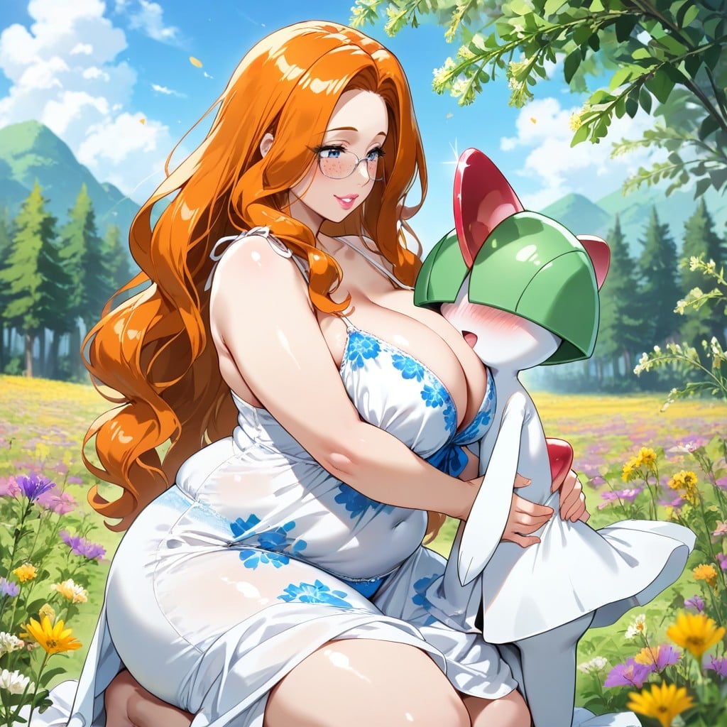 Slightly Parted Lips, Woman Holds Ralts, Head Between Large Breasts Hentai AI Porn