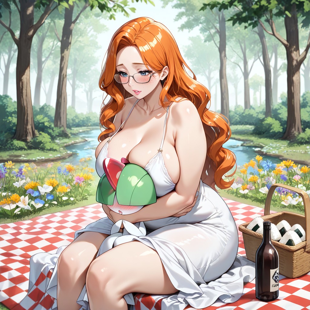 Head Between Large Breasts, Wingtip Black Eyeliner, Sunlit Forest Clearing Hentai AI Porn