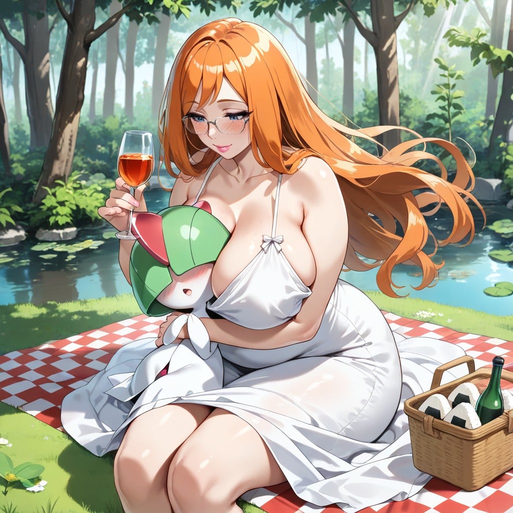 Woman Holds Ralts, Spaghetti Straps, Cleavage Hentai AI Porn