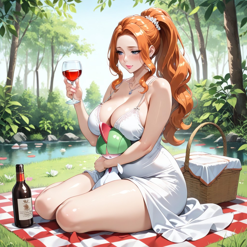 Bright Red Cheeks, Ponytail, Cleavage Hentai AI Porn