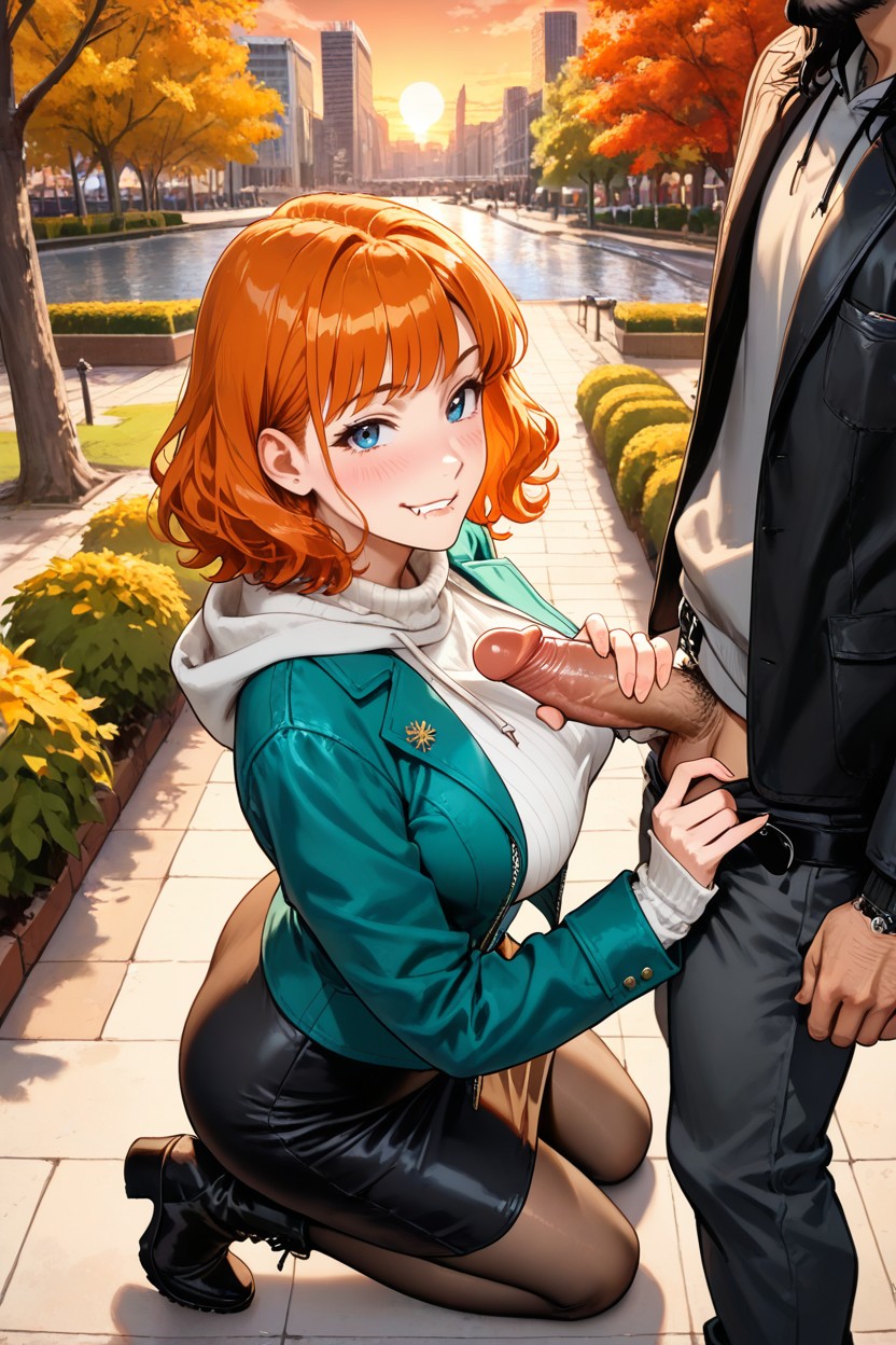 Grinning, Standing, Black Jacket Over Gray Hoodie Hentai AI Porn
