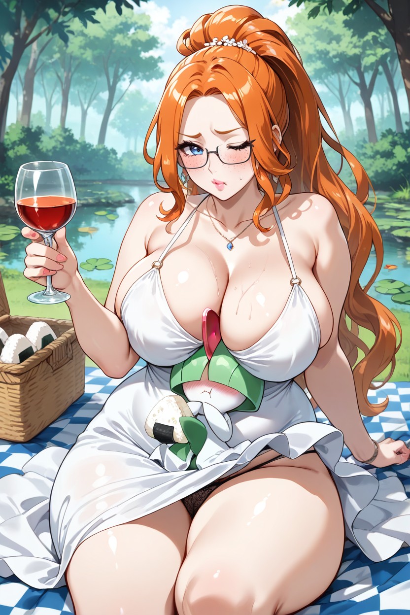 Motherly Appearance Weavy Hair, Cleavage, Blushing Cheeks Hentai AI Porn