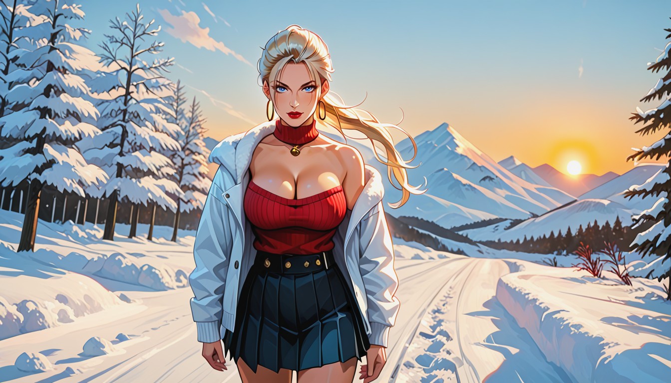 Blue Eyes, White Winter Jacket, Cleavage AI Porn