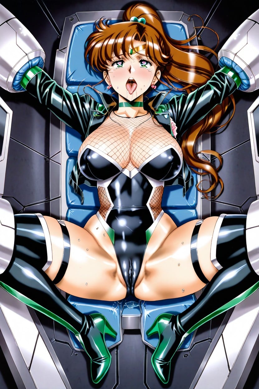 Tight Glossy Blue High-leg Leotard, A Tall With Long Brown Ponytail Hair, Rounded Breast Hentai AI Porn