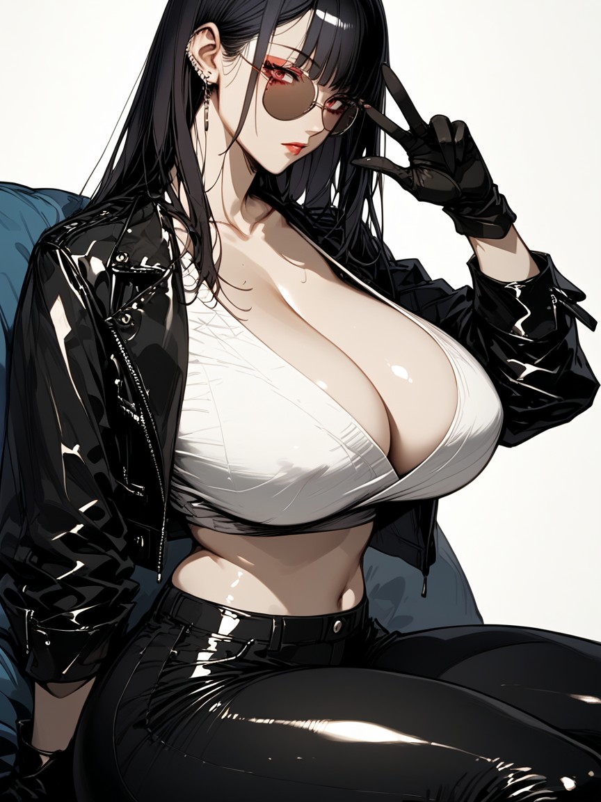 Woman With Straight Black Hair, Black Leather Gloves, Cleavage-baring Fashion Hentai AI Porn