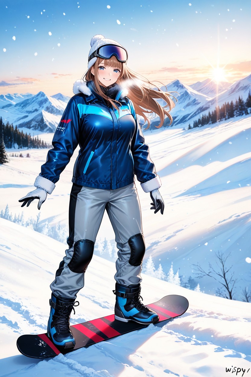 Grey Ski Pants, Long Brown Hair, Waist Shot Hentai AI Porn