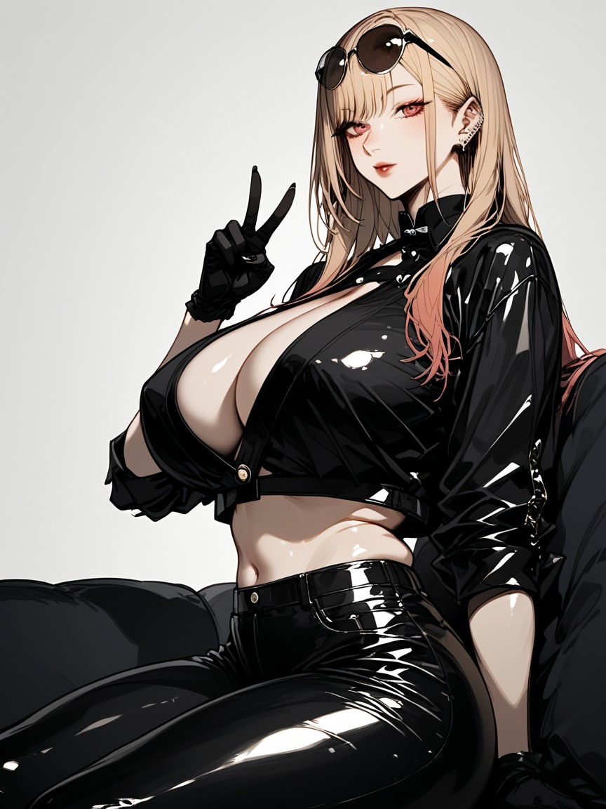 One-handed Peace Sign On The Side Of The Face, Slightly Surprised And Puzzled Look Woman, Sexually Alluring Cleavage Hentai AI Porn