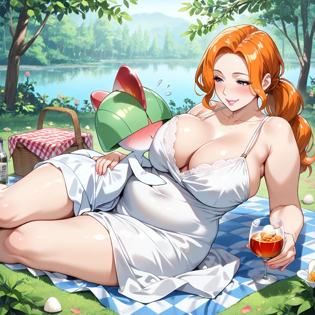 Relaxed Pose, Holding A Glass Of, Ralts Pokemon Hugging Woman's Waist Hentai AI Porn
