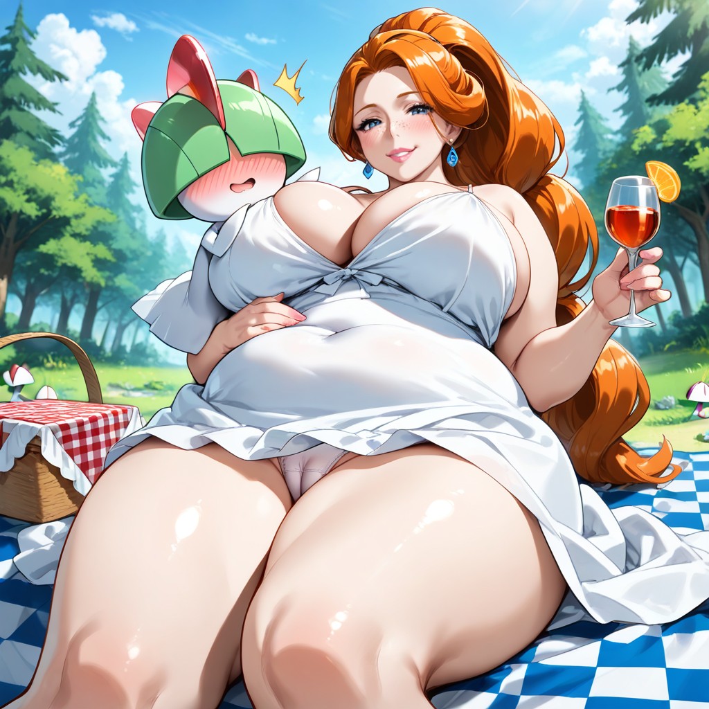 Sparkling Blue Eyes, Motherly Appearance Weavy Hair, Ralts Touching Woman's Hip Hentai AI Porn