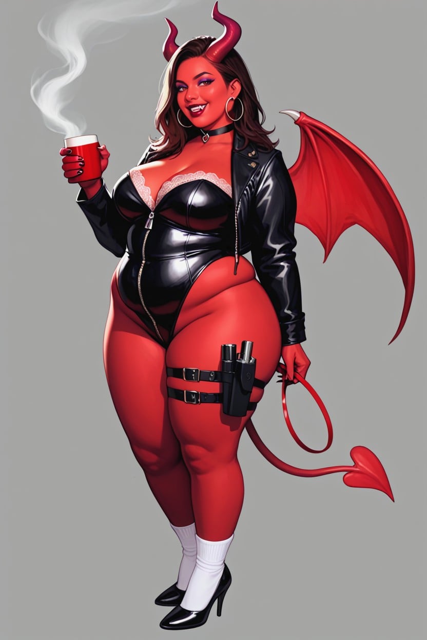 -, Smiling Showing Teeth With Two Vampire Fangs, Unzipped Black Satin With Magenta Trim Porno IA BBW
