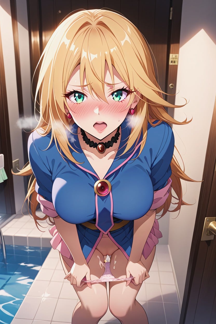 Panties Rolled Down, Hands On Her Lowered Panties, In A Bathroom Stall Hentai AI Porn