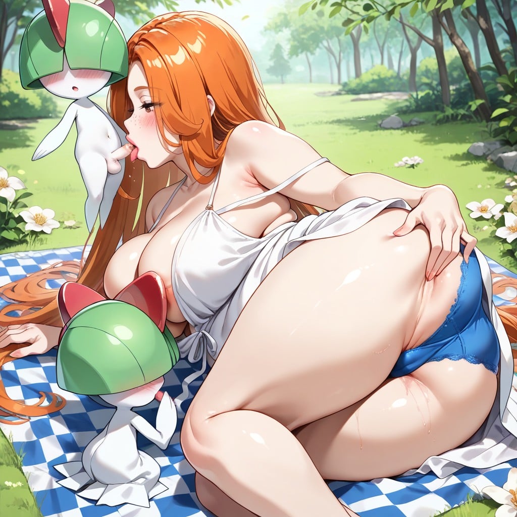 Cleavage, Blue Panties, Ralts Is Licking Woman's Pussy Hentai AI Porn