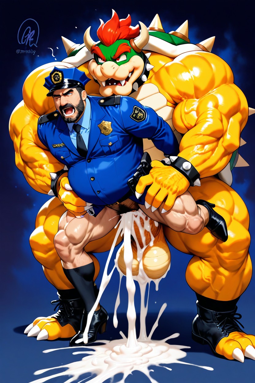 Male Police Wearing Black Socks, Bowser Furry, Hairy Chest AI Gay Porn