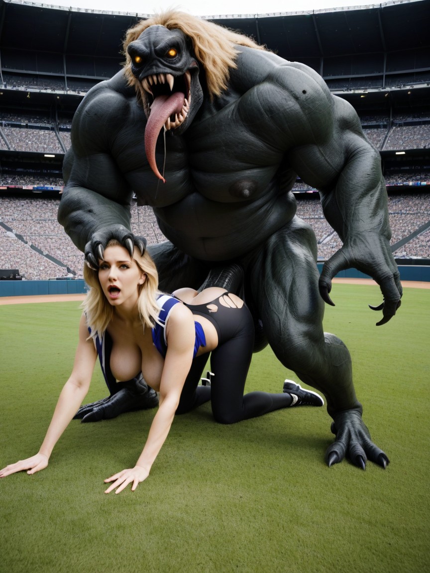 Ultra Massive Giant Tall Black Ugly Horror Monster Meters Tall, Side View, Ripped Clothing AI Porn